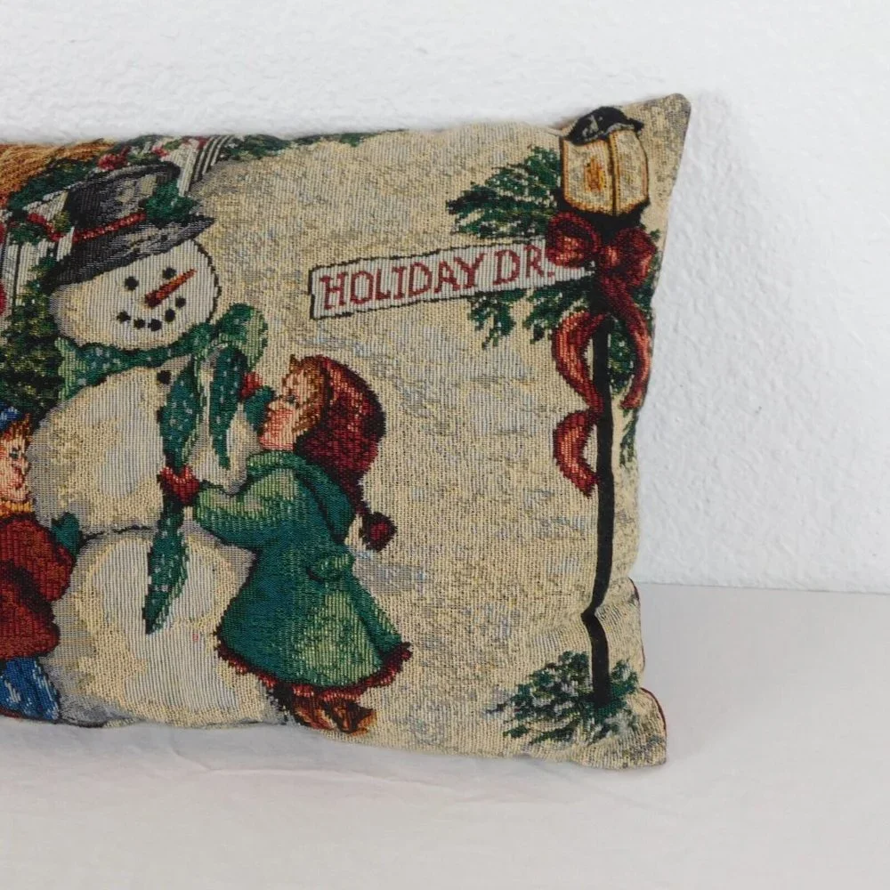 Christmas Tapestry Throw Pillow Snowman Kids Holiday Dr. Sled 15.5x11.5 Burgundy
